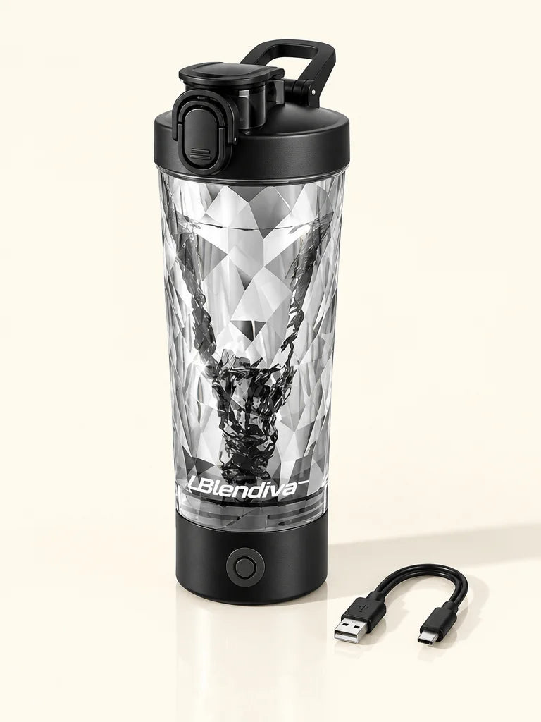 A studio photograph of the complete reference Blendiva shaker: black motor base with a single round