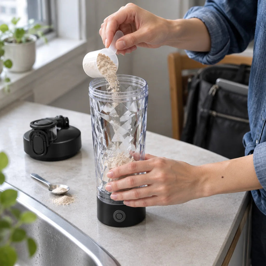 A square close three-quarter photograph from slightly above the same narrow home-kitchen counter bes