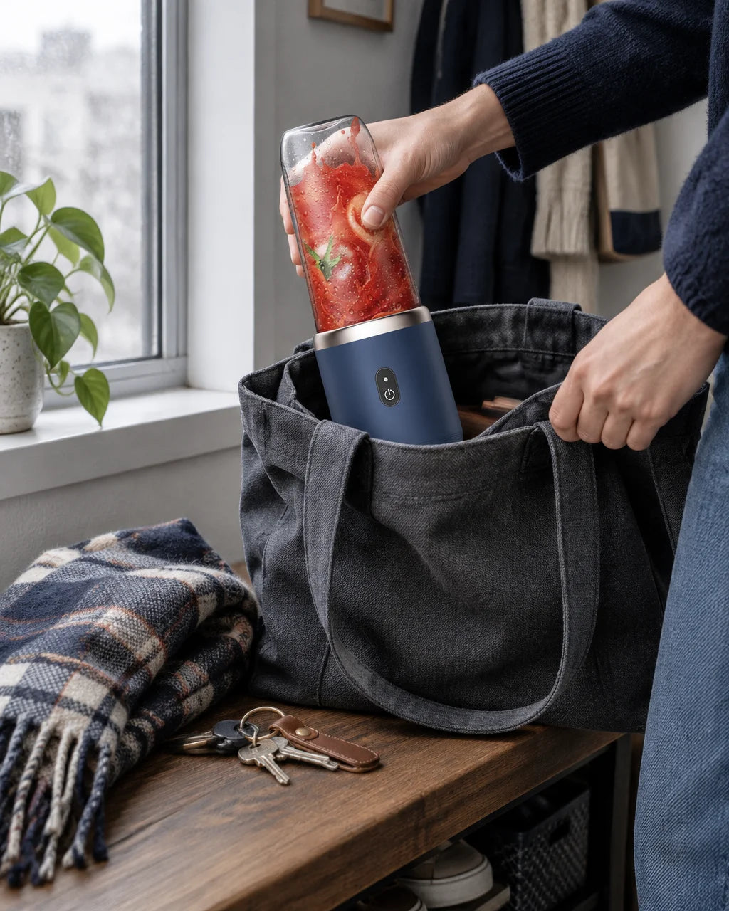 A candid photograph of a hand sliding the compact portable personal blender, with its clear cup, nav