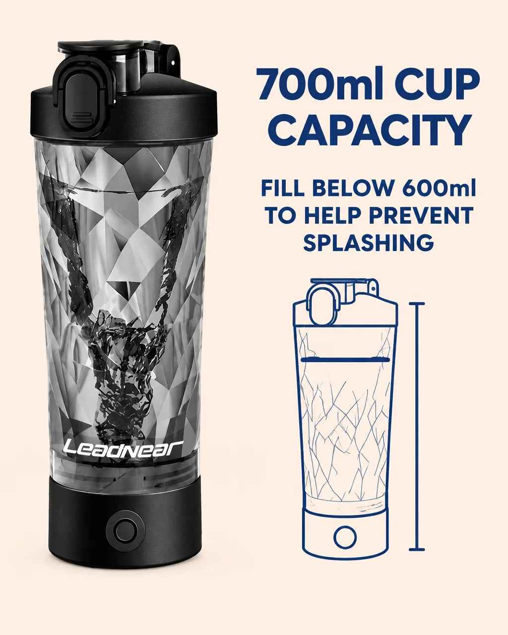 A capacity graphic using the reference Blendiva shaker, with its black motor base, one round button,