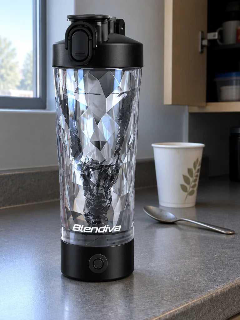 A workplace photograph of the reference Blendiva shaker, upright and complete with black base and li