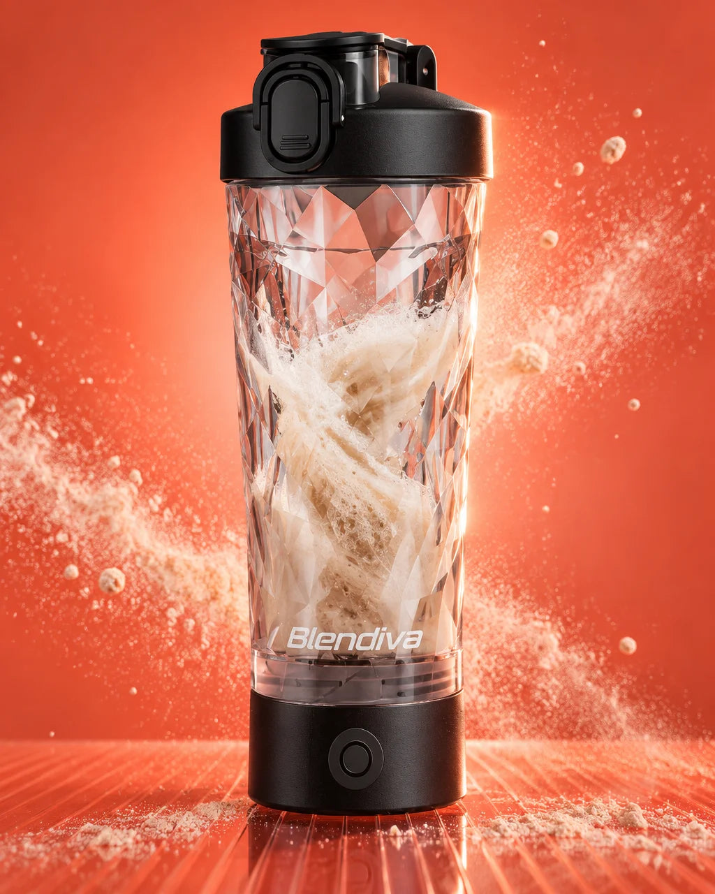 A studio photograph of the Blendiva electric shaker cup: a black motor base with one round front but