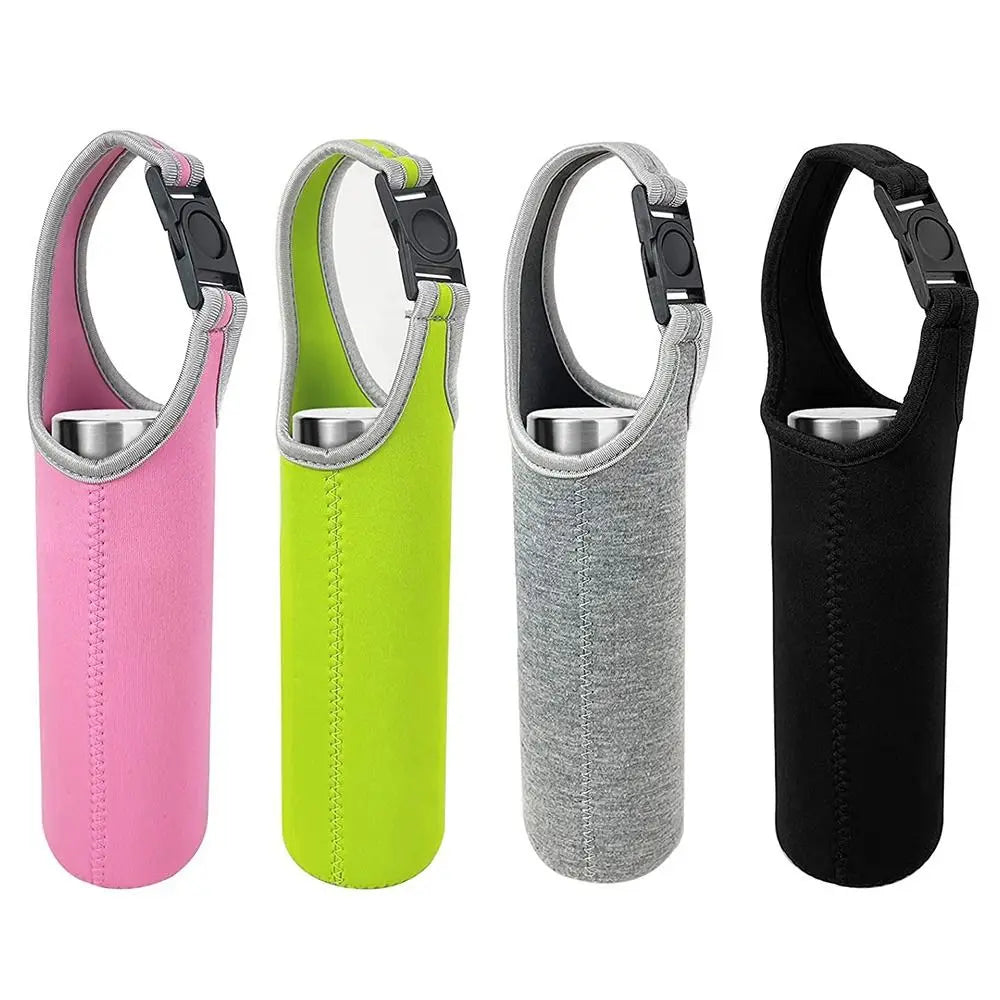 Black neoprene bottle sleeve with strap