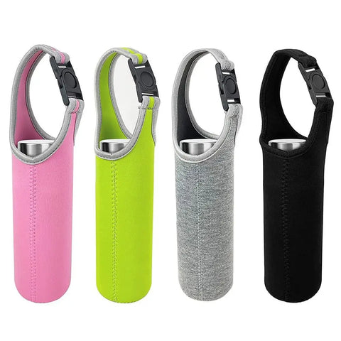 Black neoprene bottle sleeve with strap