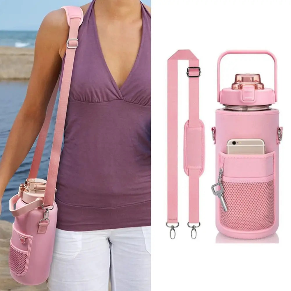Pink and blue bottle sleeve with shoulder strap