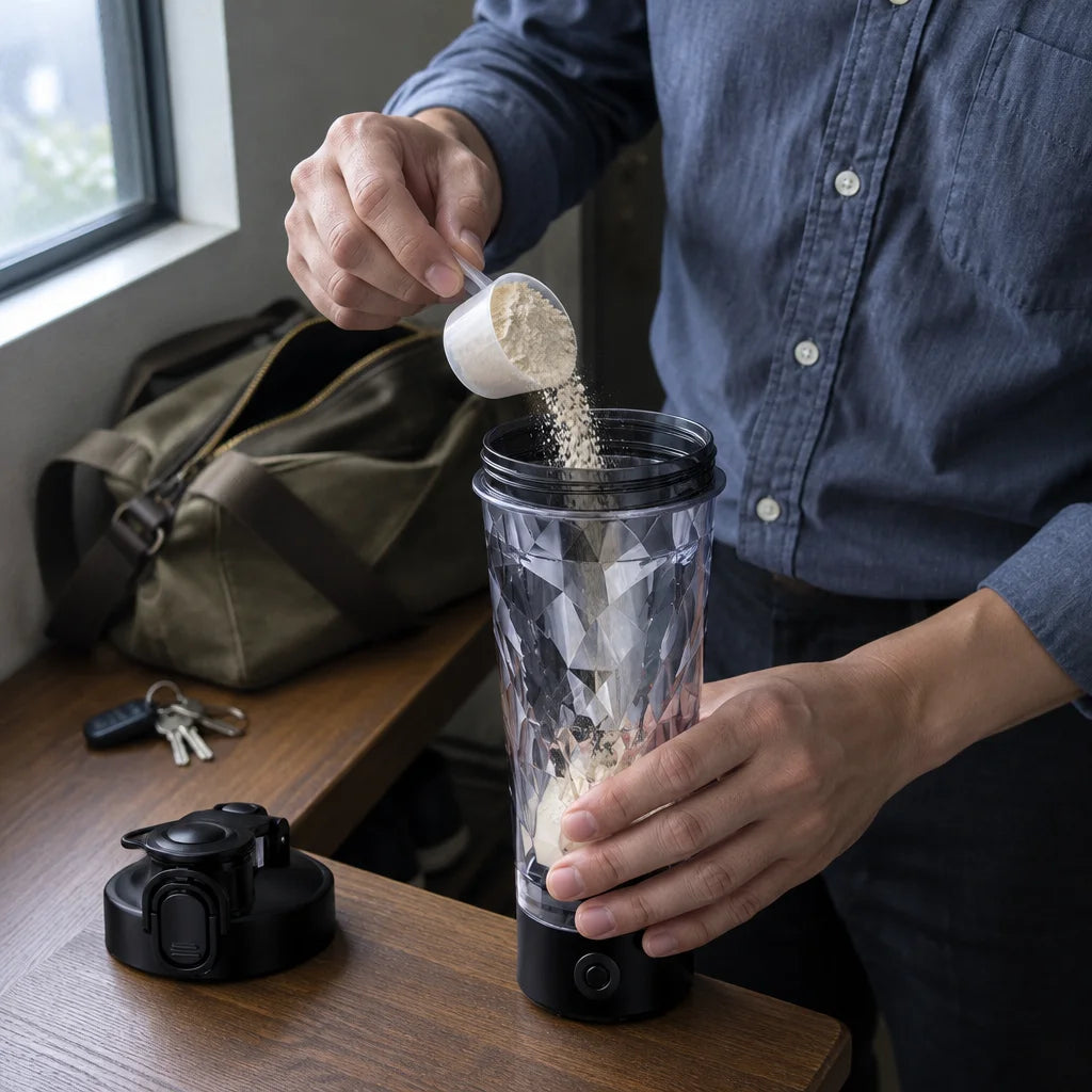 A close workplace-routine photograph of the black-base, clear faceted Blendiva shaker with its black