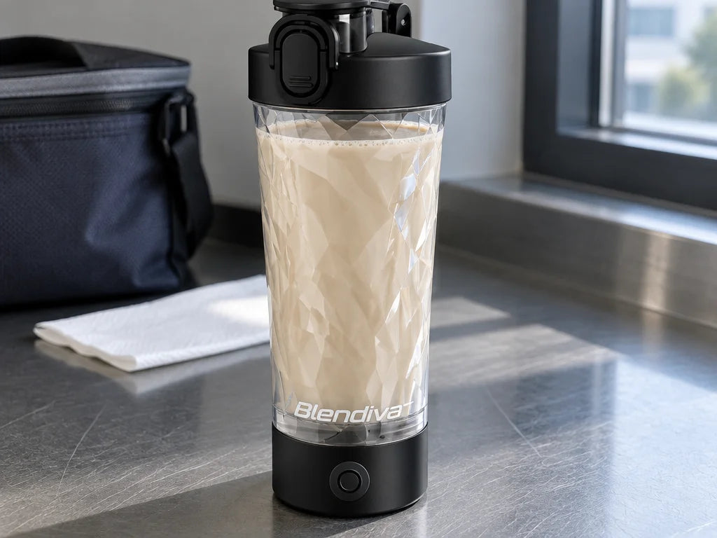 A close counter-height photograph of the reference Blendiva shaker after mixing, its black motor bas