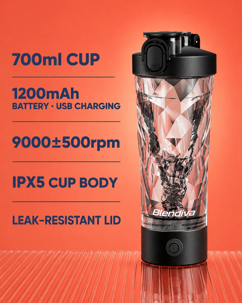 A graphic poster photograph of the reference Blendiva shaker: black motor base and lid, one round fr