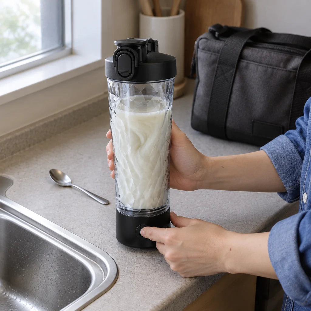 A square close three-quarter photograph from slightly above the same narrow home-kitchen counter bes